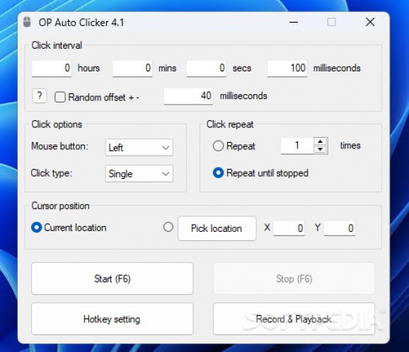 OP Auto Clicker 4.1 window showing Click Interval fields and Random offset