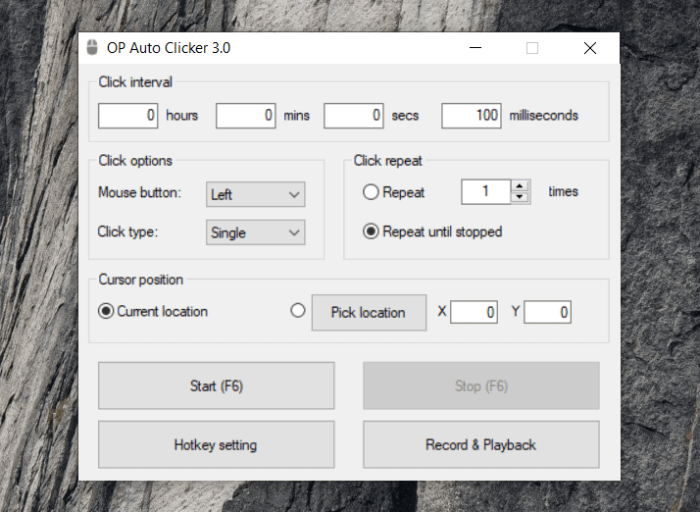 OP Auto Clicker console showing Current location and Pick location X Y fields