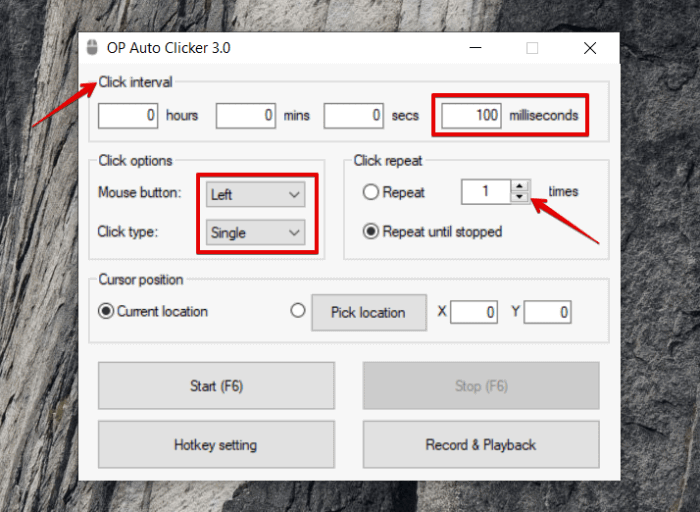 OP Auto Clicker window highlighting Click interval, Click options, and Click repeat controls