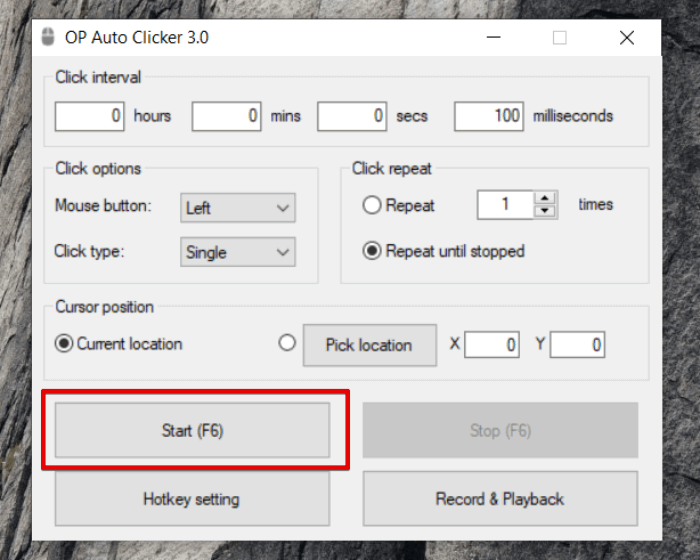 OP Auto Clicker Start F6 button highlighted at the bottom of the window
