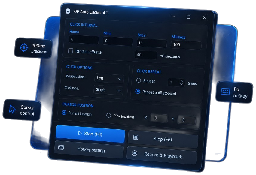 OP Auto Clicker 4.1 Windows application window showing click interval controls and Start F6